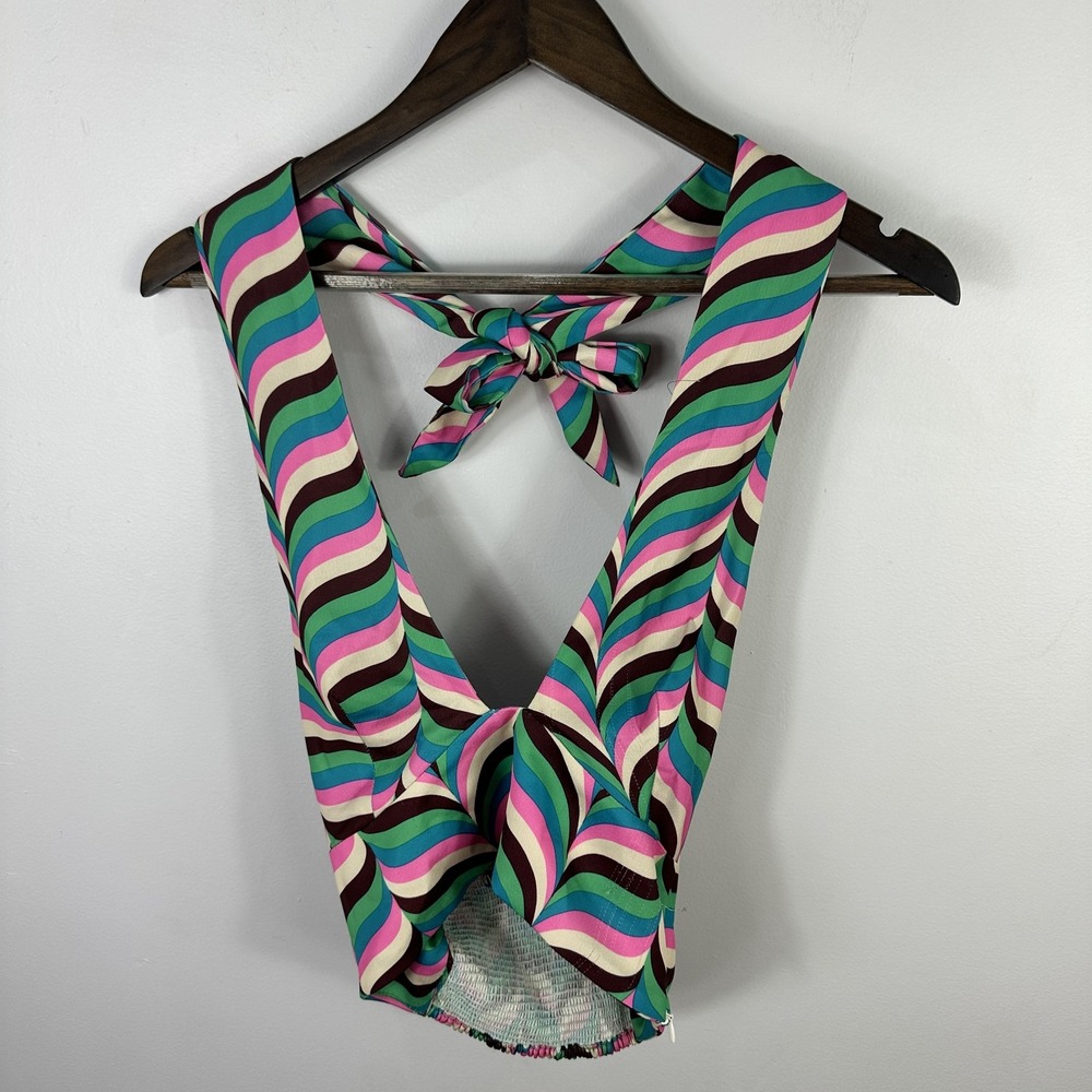 Zara Halter Crop Top Womens XS Multicolor Retroโ Psychedelic Wavy Print Boho